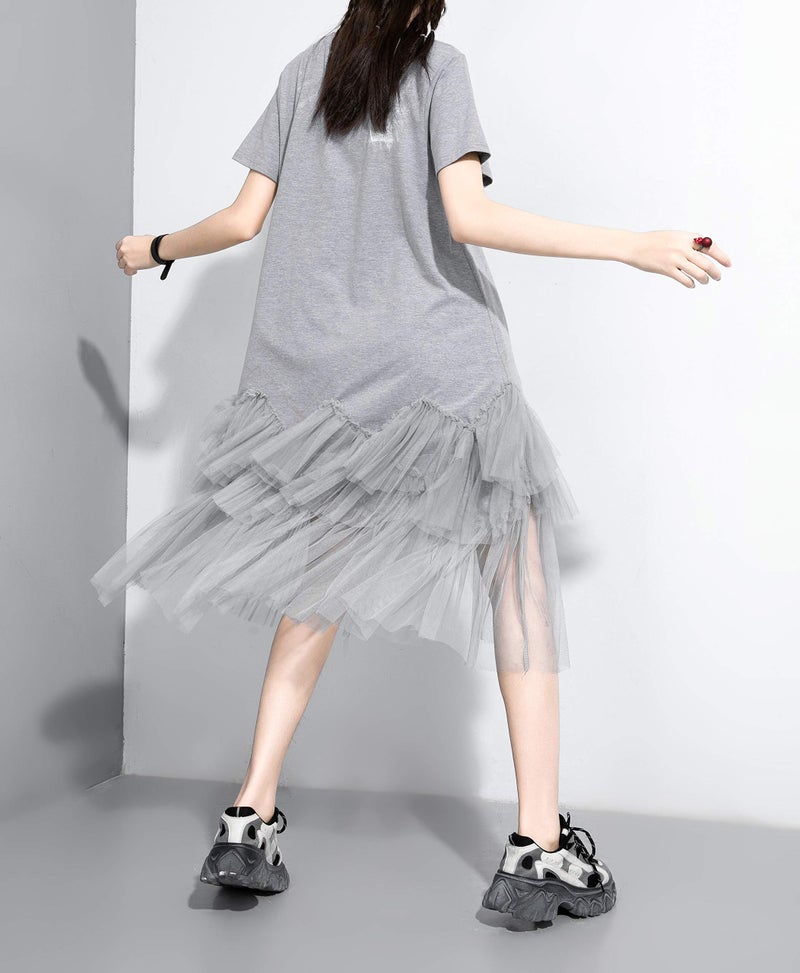 ellazhu Women's Casual Short Sleeve Crew Neck Tutu Tulle Dress with an Oversized Fit GY2266 Grey - Image 2
